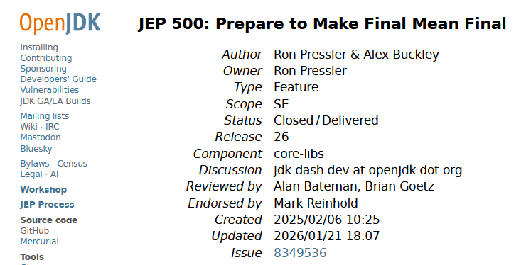 Java 26 新特性:JEP 500 限制反射修改 final 字段——让 final 真正不可变