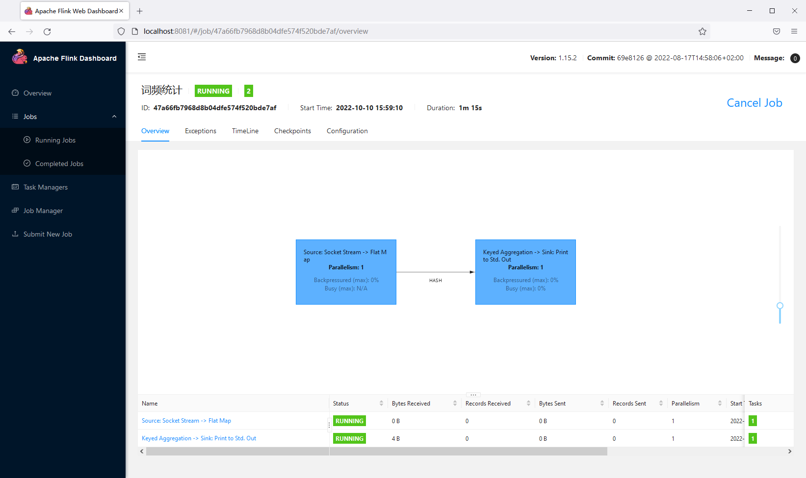 展示运行作业的 Apache Flink Web UI 截图